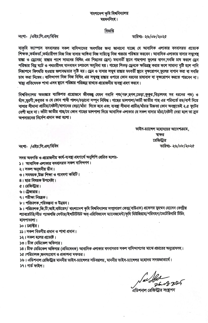 বাংলাদেশ কৃষি বিশ্বাবদ্যালয়ের আবাসিক এলাকায় বসবাস রত দের জন্য বিজ্ঞপ্তি