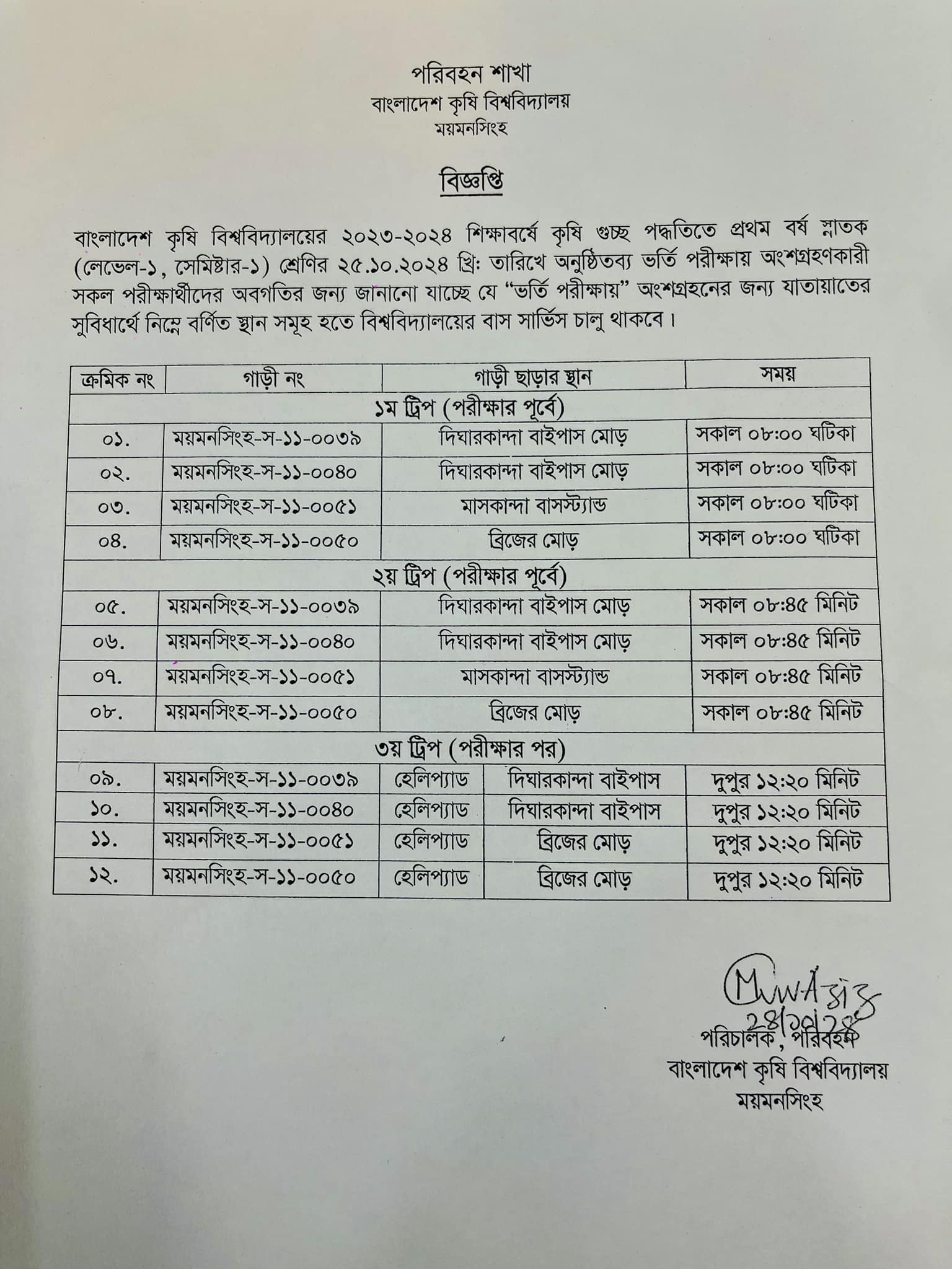 কৃষি গুচ্ছ ভর্তিচ্ছুদের জন্য বাকৃবির বিশেষ বাস সার্ভিস